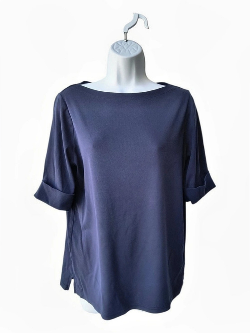 Lauren Ralph Lauren Nautical Boat Neck Navy Blue Short Sleeve Stretchy Top 1X